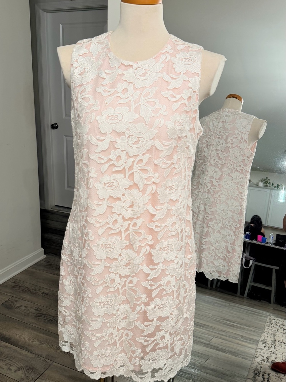 Karl Lagerfeld Pink Dress with White Floral Lace Overlay